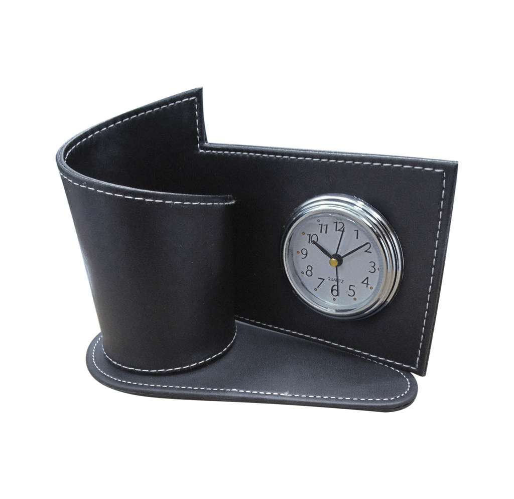 [P280788] organizador de escritorio, cuero, negro, 17.8*9.6*13 centimetros, con reloj
