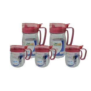 set, vidrio, , 5 dispensadores , con tapa plastica