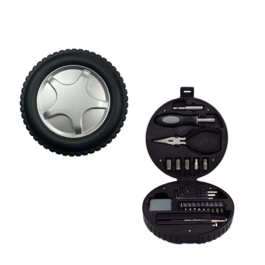 [H950389] set de herramientas, acero inoxidable, negro, 16.5*16.5*6 cm 24 , en caja plastica forma de llanta