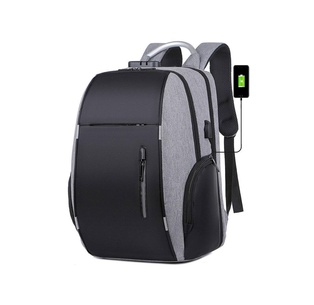 mochila antirobo, , gris con negro, 30*18*43 con puerto , para cargador y salida audifono