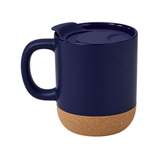 Taza, Cerámica, Azul Oscuro Mate, 380 Ml 12 Oz Tapa , Plastica Y Base De Corcho