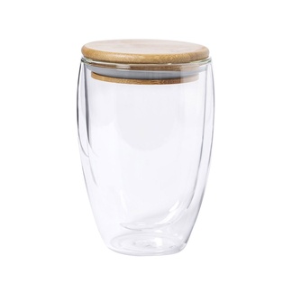 Vaso Borosilicato Transparente 350 Ml Doble Pared Tapa De Bambu