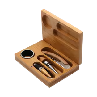 Set De Vino Bambú Natural 15.6*11.1*3.3 Tapon Dosificador Argolla Sacacorchos