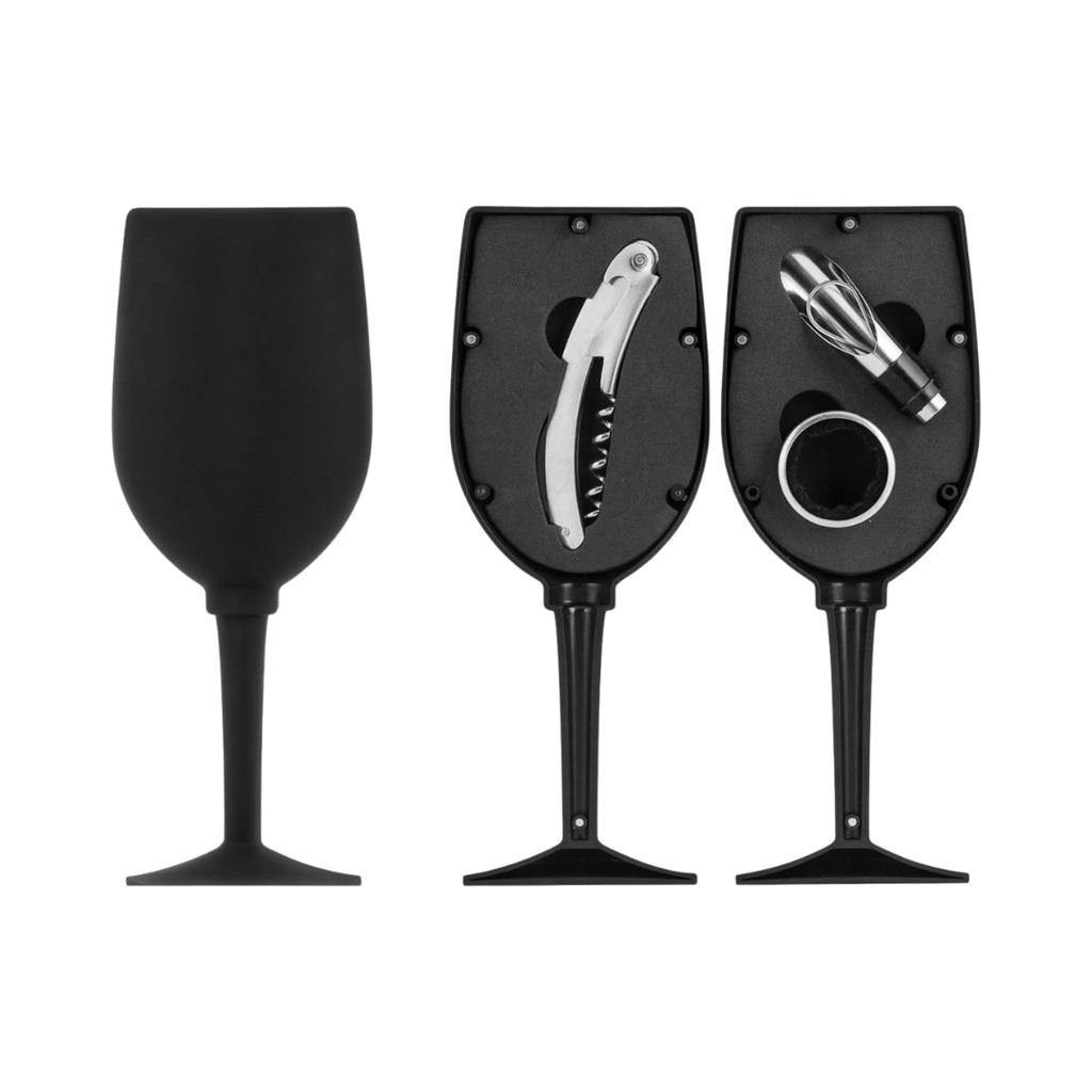 [P298045] Set De Vino Plástico Negro 23*8 Forma De Copa Dosificador Argolla Sacarcho