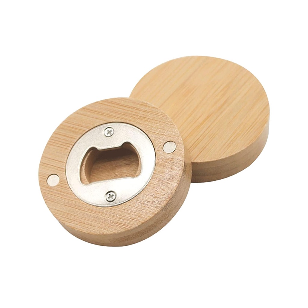 [P266088] Destapador Acero Inoxidable Natural 6.5 Cm Redondo Cobertura De Bambu Con Magnetos