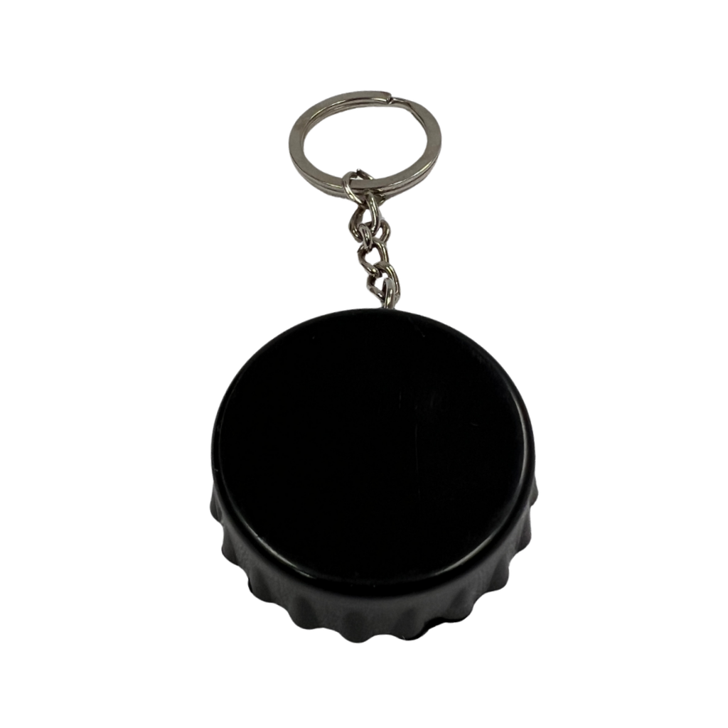 [P266106] Llavero Plástico Negro 5 cm Forma Tapita con Destapador