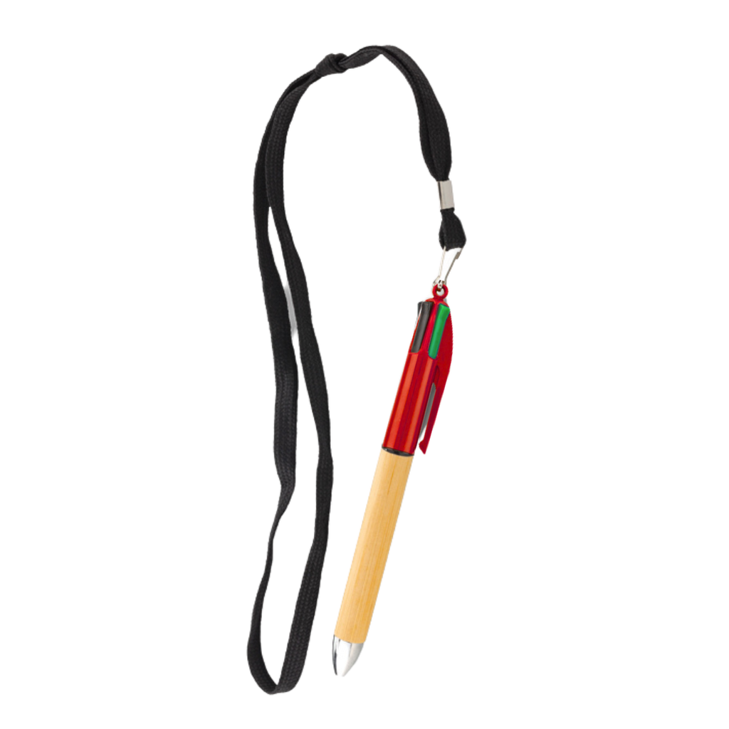 [P286168] Lapiceros bambú rojo 4 puntas de colores con cinta