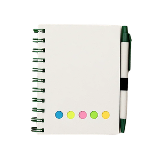 Libretas cartón verde 14.5*10.5 cm 70 hojas con lapicero y notas adhesivas