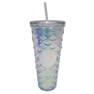 Vaso plástico tornasol 710 ml sirena doble pared con tapa y pajilla