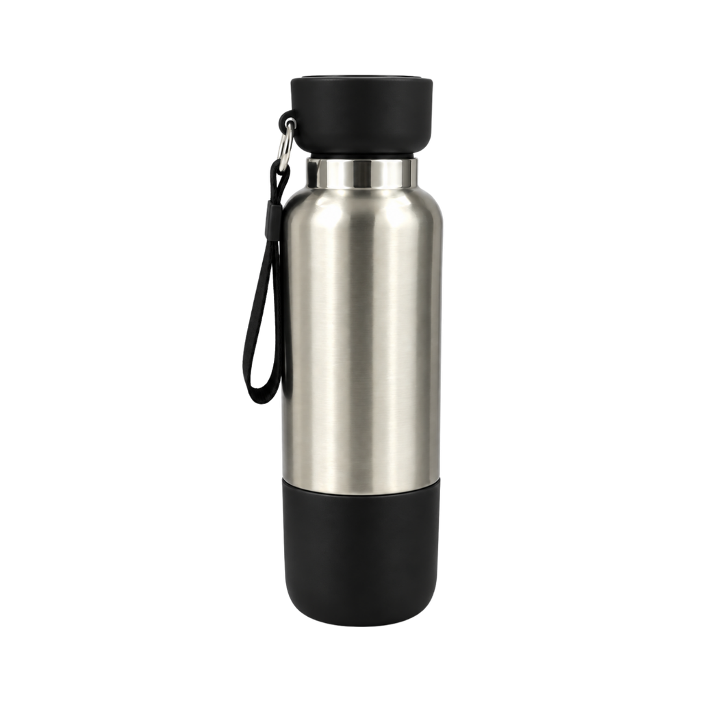 [P251414] Termo Acero Inoxidable Negro 500 ml warrior con pastillero cinta y taza base plástica