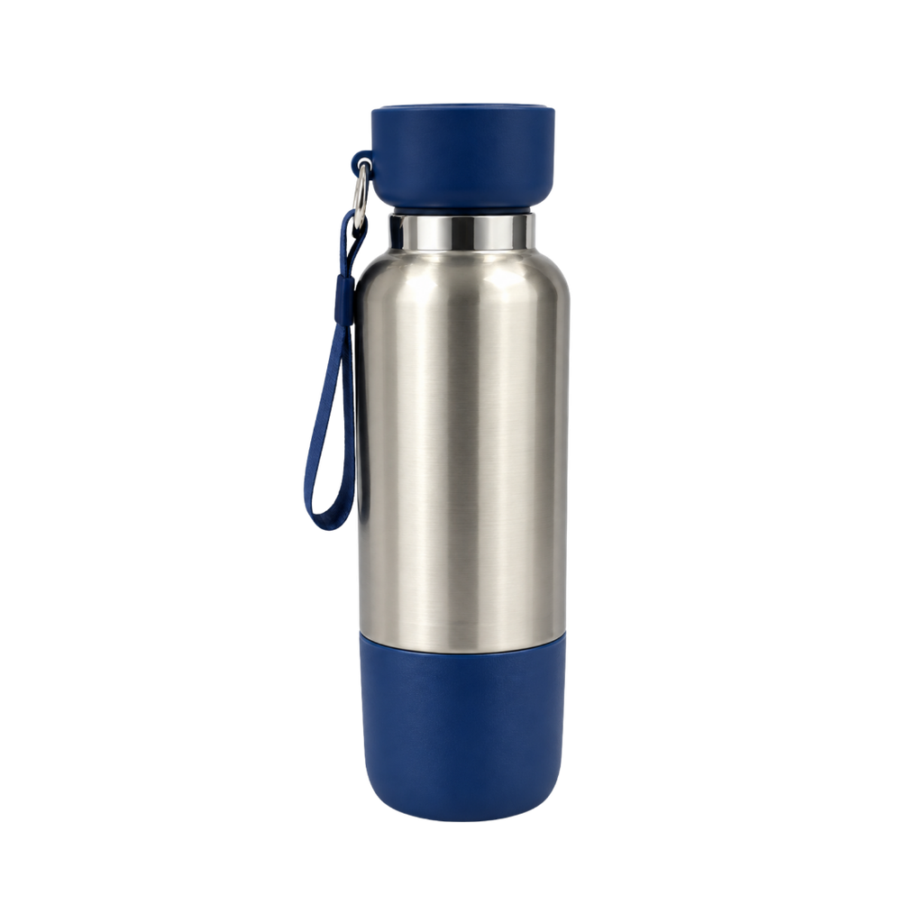 [P251415] Termo acero inoxidable azul oscuro 500 ml Warrior con pastillero cinta y taza base plástica