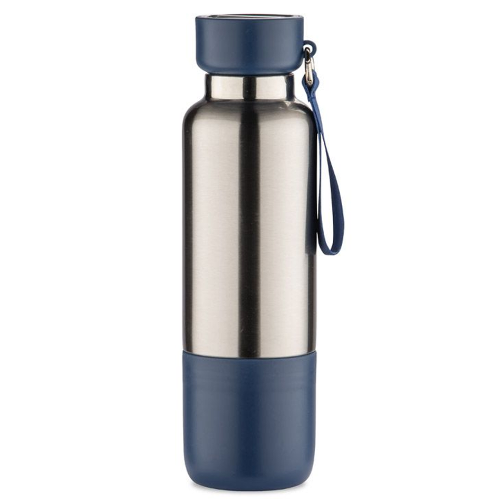 [P251415] Termo acero inoxidable azul oscuro 500 ml Warrior con pastillero cinta y taza base plástica