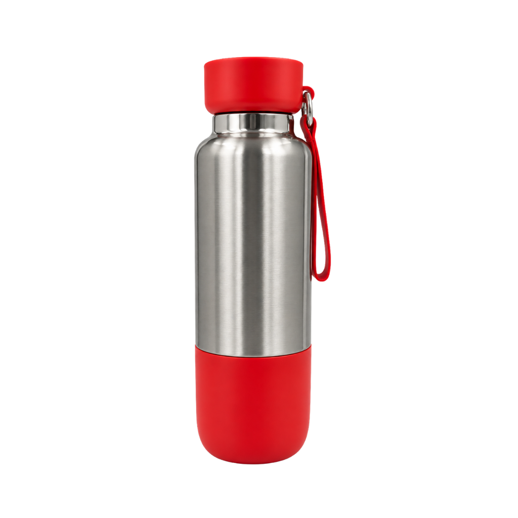 [P251417] Termo acero inoxidable rojo 500 ml Warrior con pastillero cinta y taza base plástica