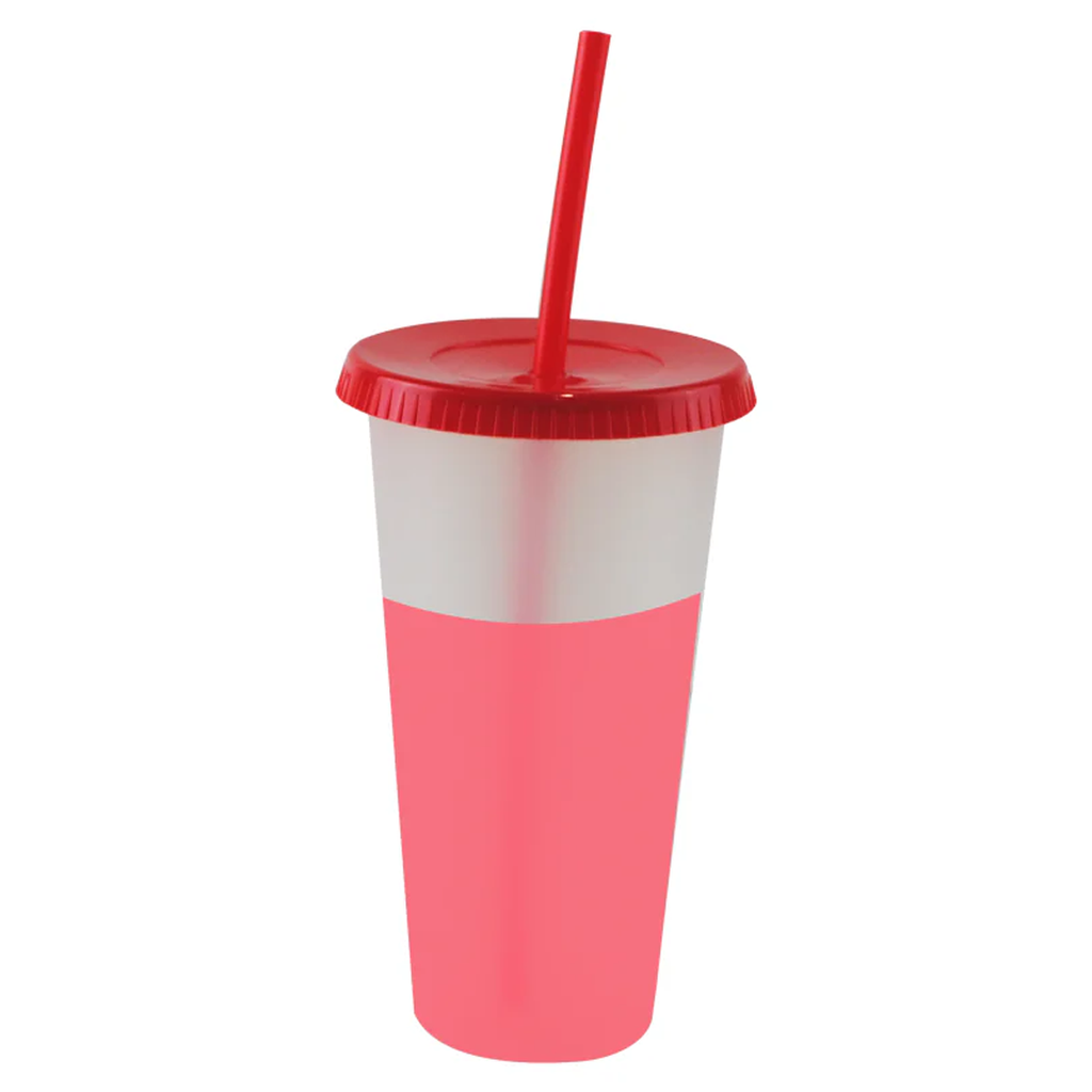 [P251429] Vaso plástico rojo 600 ml cambia de color con tapa y pajilla