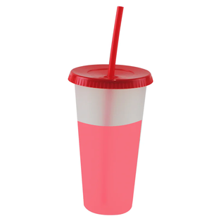 Vaso plástico rojo 600 ml cambia de color con tapa y pajilla
