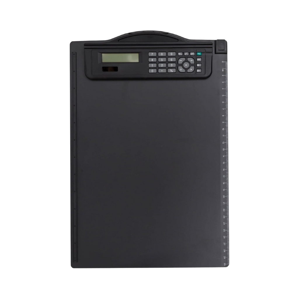 [E389322] Tabla plástico negro A4  con gancho de calculadora solar