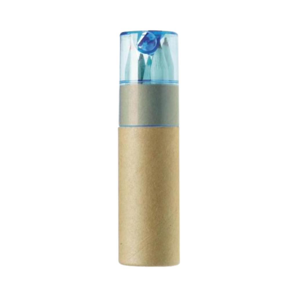 [E389333] Crayones Madera Natural 3.5 cm Bote de Cm cartón 6 colores con sacapunta