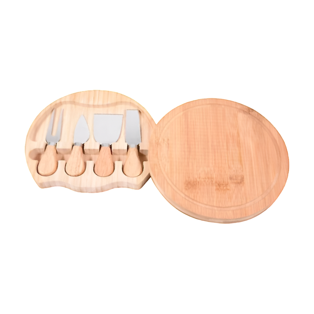 [H552126] Tabla Bambú Natural 20 cm Redonda Para Quesos Con 4 Utensilios
