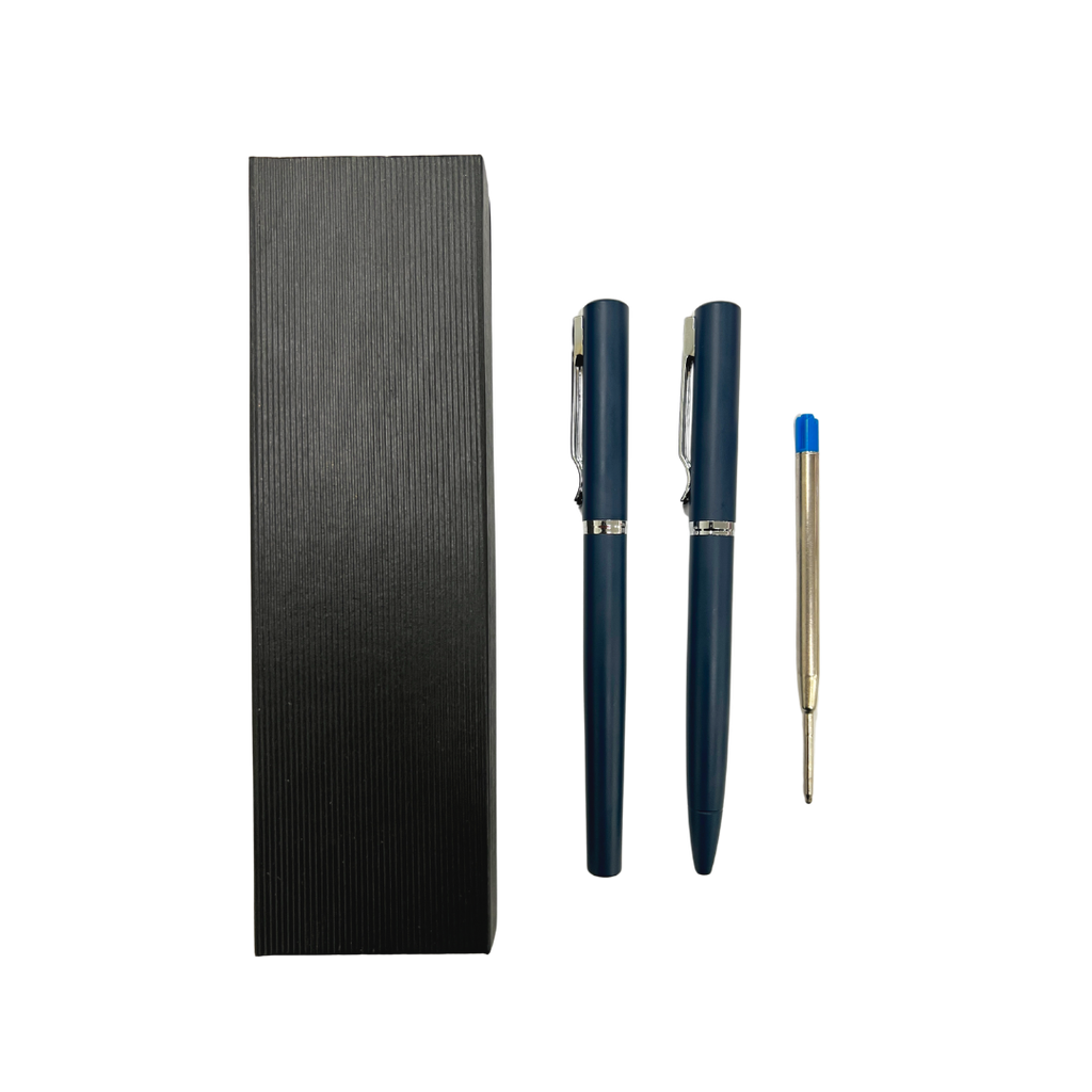 [P266228] Lapiceros Acero Inoxidable Azul Oscuro Frisk 2 Pcs Con Refil En Caja De Presentación