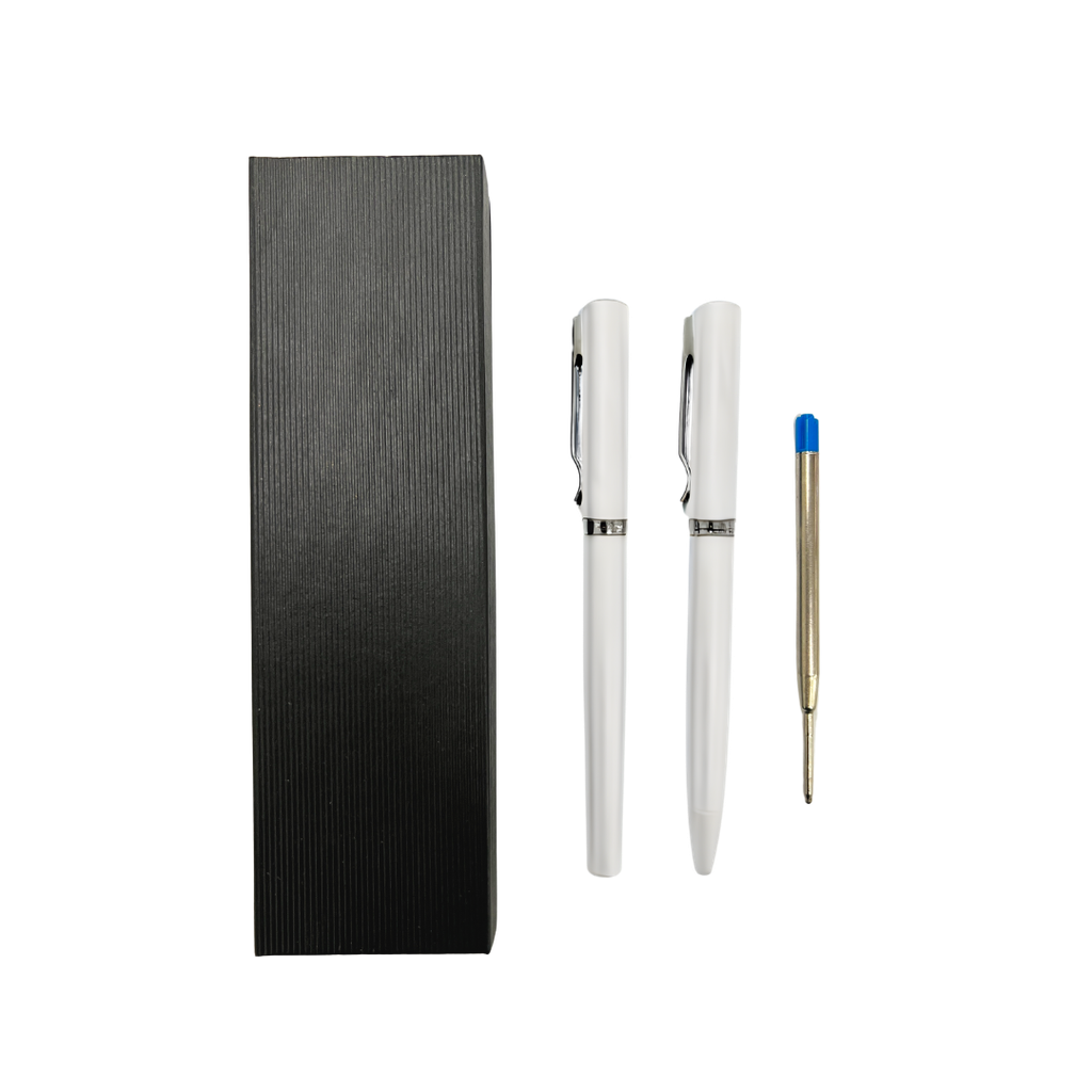 [P266231] Lapiceros Acero Inoxidable Blanco Frisk 2 Pcs Con Refil En Caja De Presentación